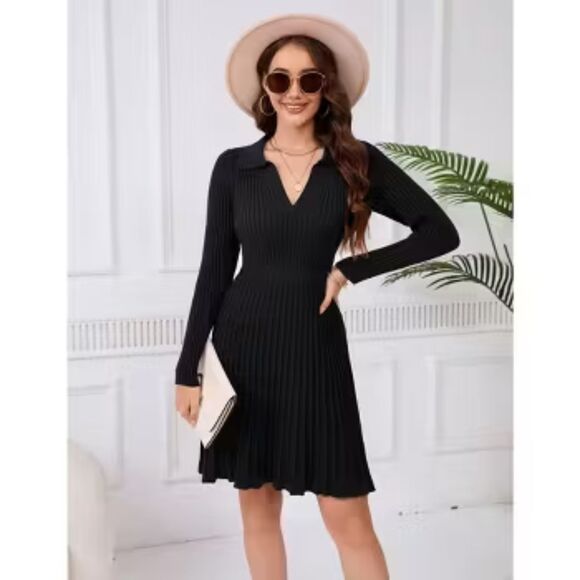 Sweater Dress Long Sleeve with Lapel Collar  Pleated Midi Dress Size XL - Picture 1 of 5